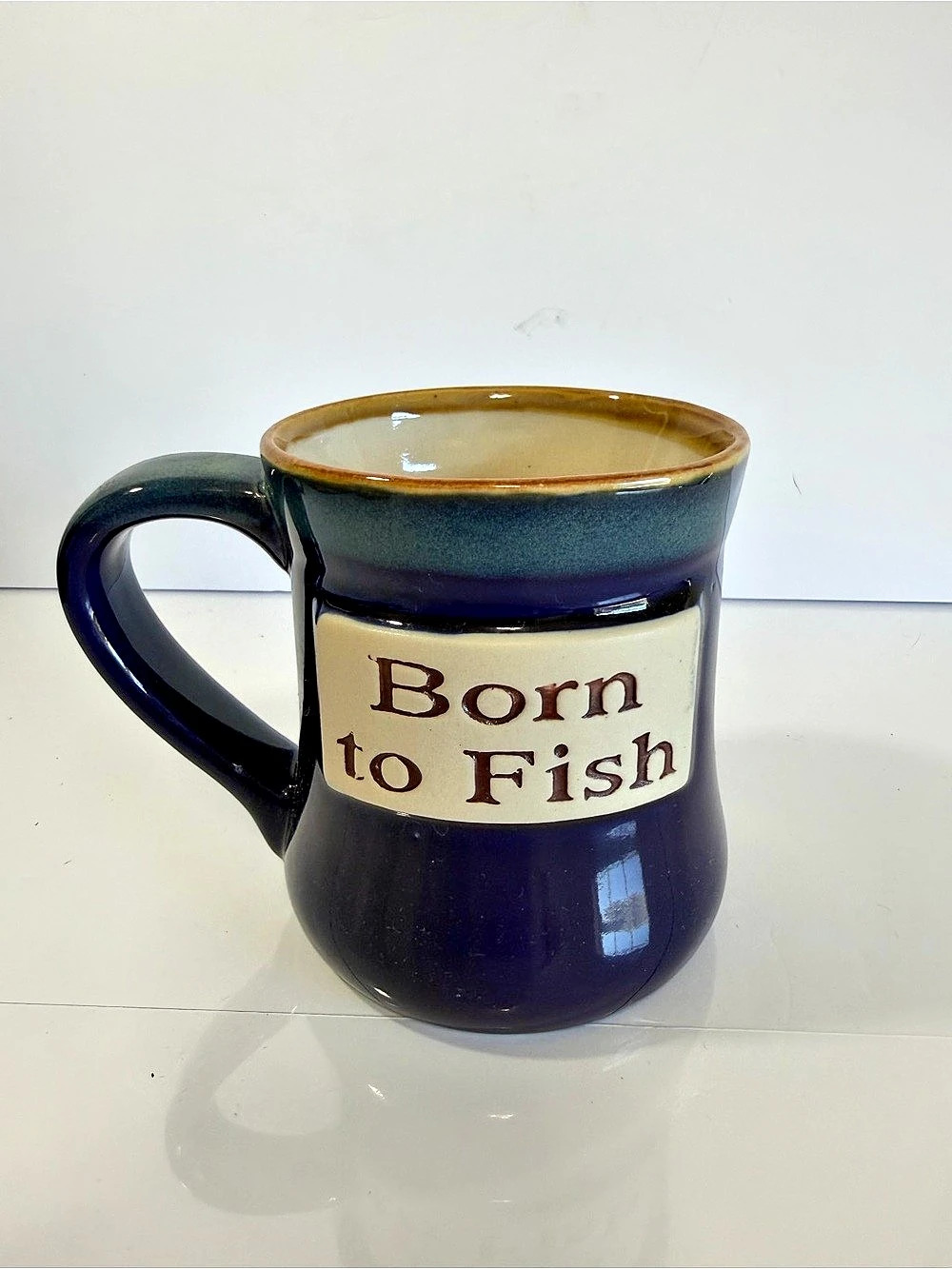 Oversized Tumbleweed Pottery Born to Fish Blue Mug EUC 18 oz